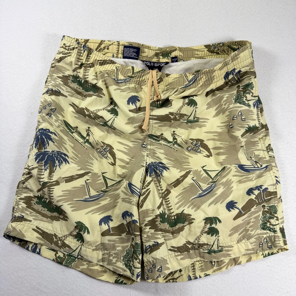 Vintage Polo Sport Ralph Lauren Swim Trunks Tan AOP Medium Fits Large Y2K Mens